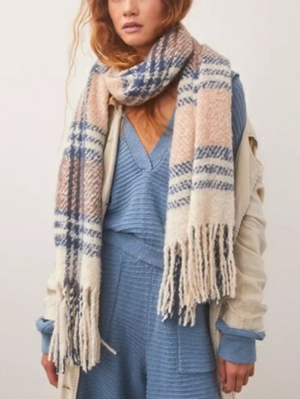 Free People Homecoming Plaid Blanket Scarf In Mushroom One Size